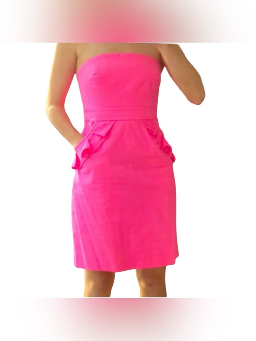 J. Crew Hot Pink Strapless Ruffle Pocket Dress Sz/4 NWT.